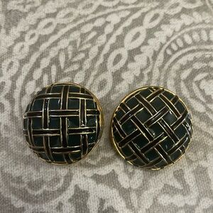 Vintage MARESCA Oversized Green & Black Enamel Gold Tone Earrings Clip‎ On